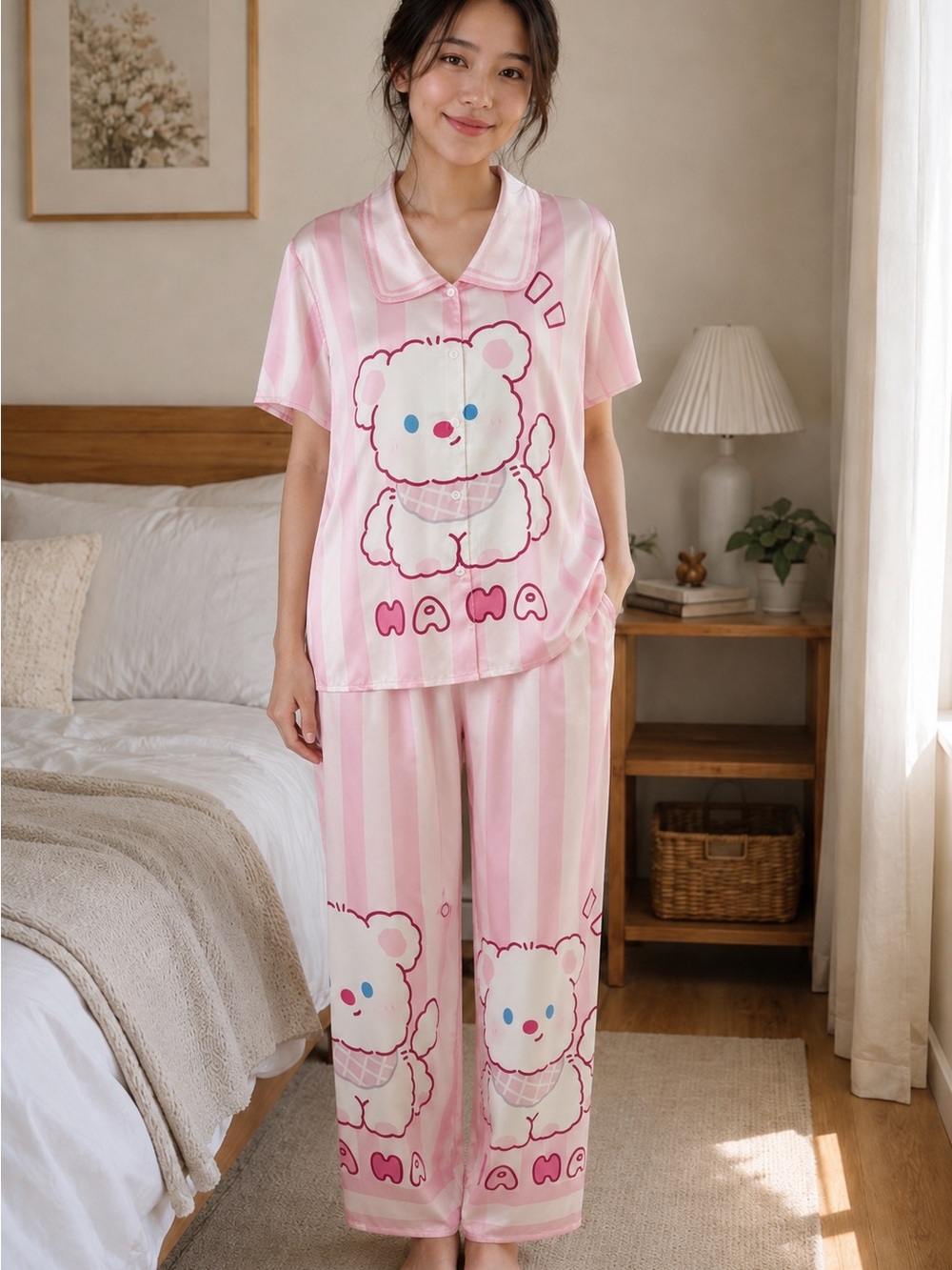 Pink Striped Bear Pajama Set with Short Sleeve Top and Wide-Leg Pants
